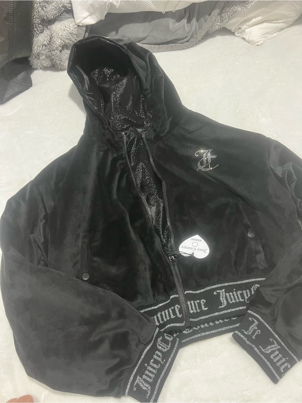 Juicy Couture Black Velour Cropped Zip Hoodie Jacket Reversible
